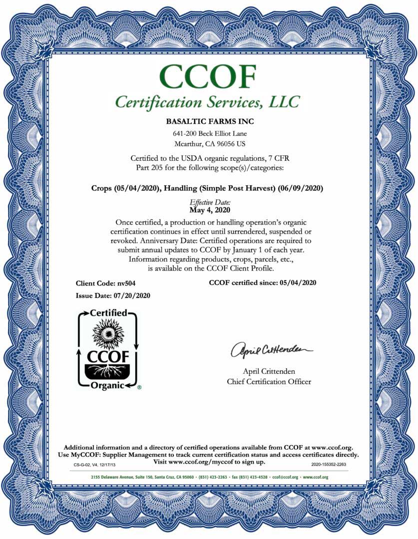 Certified California Organic Garlic Farm Basaltic Farms Ccof Certification